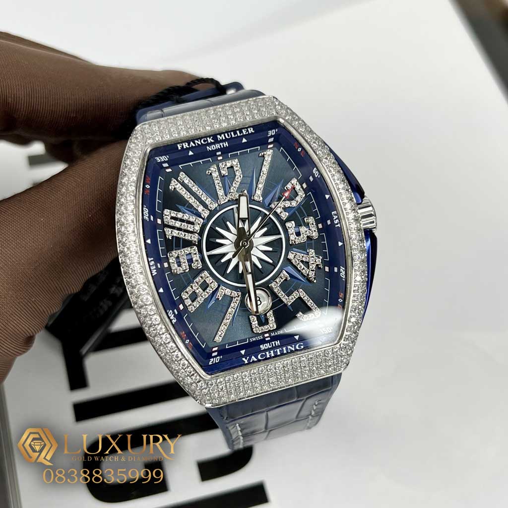 Đồng Hồ Nam Franck Muller V45 Đính Kim Cương Moissanite Màu Xanh Dương Size 44mm