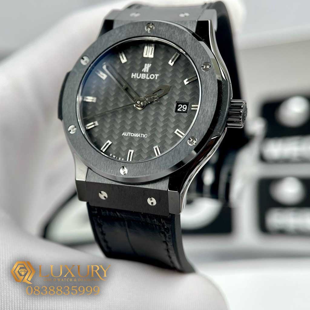 Đồng Hồ Nam Hublot Classic Fusion Ceramic Dây Da Đen Mặt Số Carbon Rep 11 Size 42mm