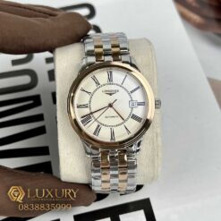 Đồng Hồ Nam Longines Flagship Viền Vàng Hồng Mặt Trắng Cọc Số La Mã Fake 11 Size 38.5mm