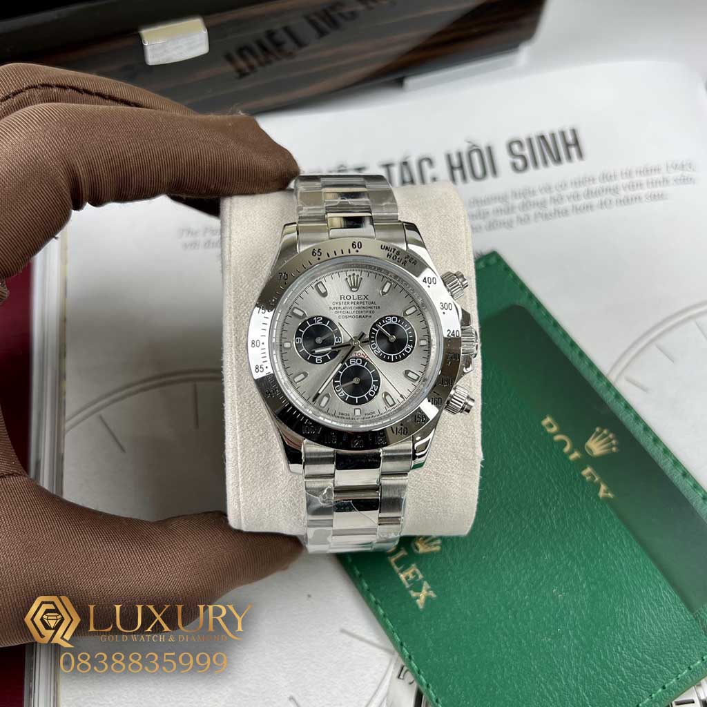 Đồng Hồ Nam Rolex Cosmograph Daytona Mặt Xám Cọc Dạ Quang Fake 11 EW Factory 40mm