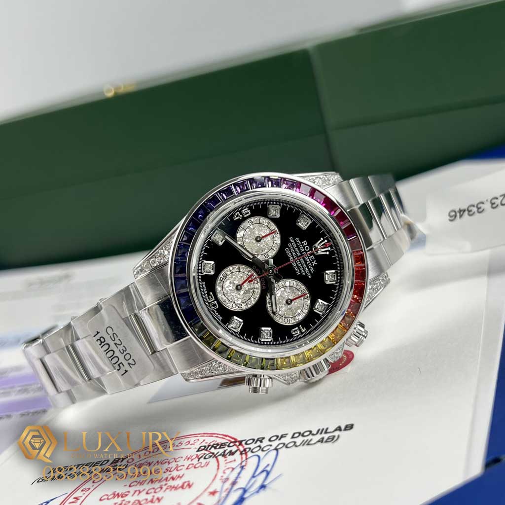 Đồng Hồ Nam Rolex Daytona Rainbow Bọc Vàng Trắng 18K Độ Kim Cương Moissanite 40mm