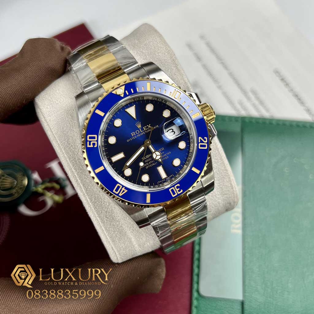 Đồng Hồ Nam Rolex Submariner Demi Gold Viền Benzel Xanh Đậm Fake 11 EW Factory 41mm