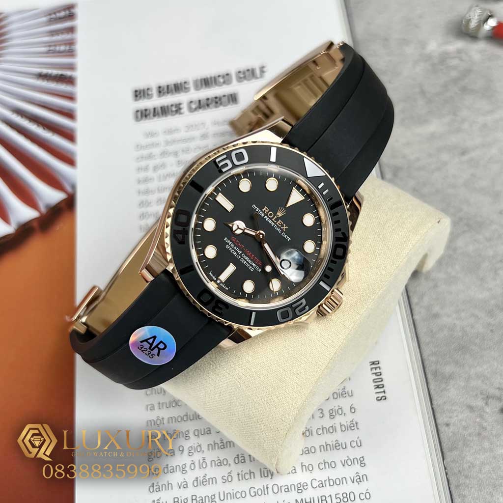Đồng Hồ Nam Rolex Yacht Master Rose Gold Rep 11 Dây Cao Su Màu Đen AR Factory 40mm